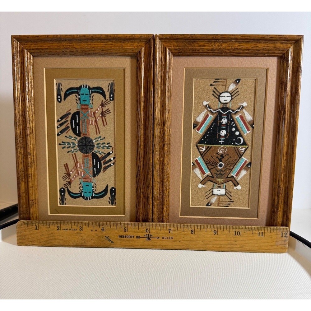 Artist Signed Navajo Sand Art Framed Pair Bordered 6x9 Vintage Handcrafted Nativ